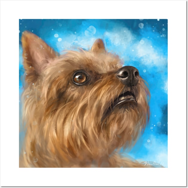 Painting of a Brown Yorkshire Terrier Looking Up With a Cute Facial Expression on Blue Background Wall Art by ibadishi